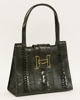 A Lorenzi black ostrich-leg leather handbag
