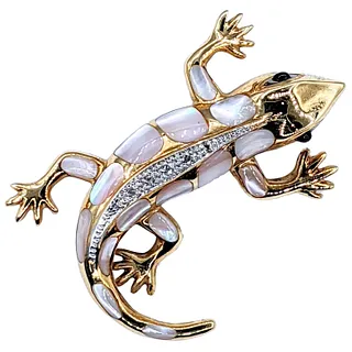 Beautiful Mother of Pearl, Gold & Diamond Gecko Brooch