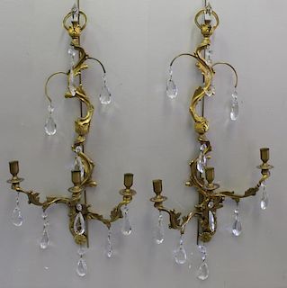 Pair of Dore Bronze and Crystal 3 Arm Sconces.