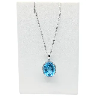 Lovely Blue Topaz & Diamond Halo Pendant Necklace