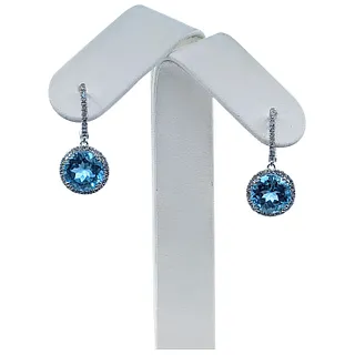 Stunning Blue Topaz & Diamond Halo Dangle Earrings