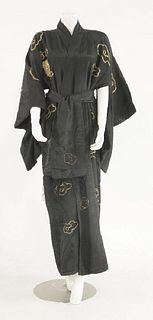 A vintage oriental black silk kimono