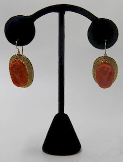 JEWELRY. 14kt Gold and Coral Cameo Earrings.