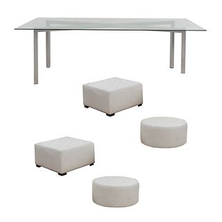 Lote de mesa y 4 taburetes. SXXI. Estructura de madera y aluminio con cubierta de cristal. Piezas: 5.