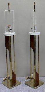 Midcentury Pair of Brass and Walnut Laurel Lamps.
