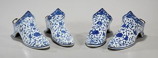 Two Pairs Chinese Blue & White Porcelain Shoes