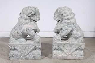 Pair of Large Chinese Carved Stone Foo Lions