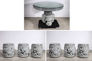 Large & Heavy Chinese Carved Table & Chairs