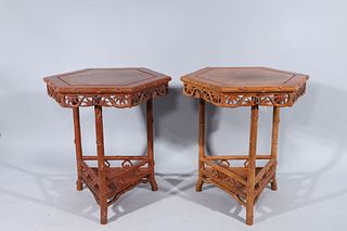 Pair of Chinese Carved Wood Side Tables 
