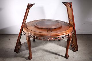 Chinese Carved Wooden Table with Lazy Susan and Two Leafs