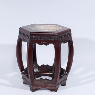 Chinese Carved Hardwood Marble Inset Garden Seat