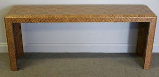 Midcentury Linen Wrapped and Brass Inlaid Console.