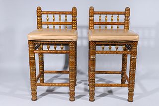 Pair of Indian Style Wood Bar Stools