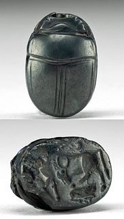 Egyptian New Kingdom Hematite Scarab Amulet w/ Cows