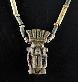 Egyptian 26th Dynasty Faience Necklace w/ Bes Pendant