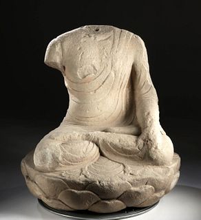 Chinese Tang Dynasty Sandstone Buddha in Lotus Pose