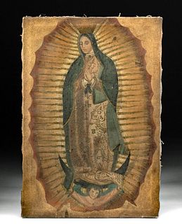 19th C. Mexican Retablo on Canvas, Virgin of Guadalupe