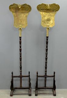 Pair of Chinese gilt bronze fan shaped banner plaques supported on tall turned wooden poles, each ba