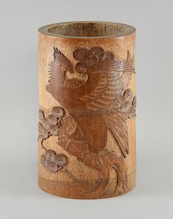 Chinese bamboo brush pot carved with a bird perched on a branch, 26.5cm high,
