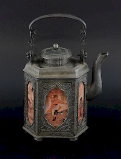 Chinese cast metal teapot with panels decorated with figures, marks to base, 22cm high,