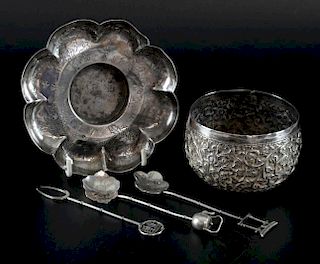 Chinese silver flower shaped dish with engraved foliate work, Indian silver bowl embossed with flowe