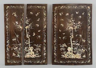 Pair of Chinese hard wood and mother of pearl inlaid panels decorated with tree birds and insects  e