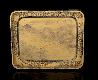 Japanese lacquered tray decorated with a landscape and Mount Fuji in the distance, 14.5cm x 17cm,