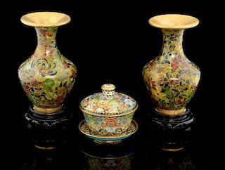 Pair of modern Chinese cloisonne vases, the mottled ground decorated with flowers and foliage, on ha
