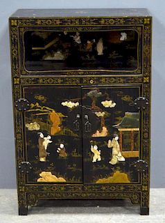 Early 20th century black lacquered and gilt, hardstone and bone overlaid cabinet, open section above