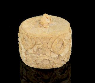 Late 19th/early 20th century Chinese Ivory cylindrical box and cover extensively carved with flowers