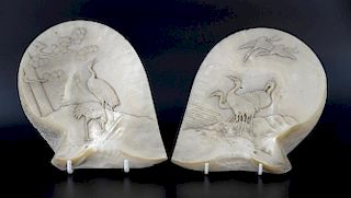 Matched pair of 19th century Chinese mother of pearl plaques carved with cranes, 23cm high,