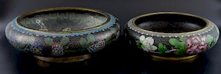 20th century Chinese cloisonne black ground bowl with floral decoration, 30cm diameter, and another