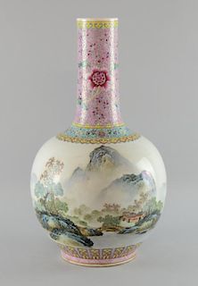 Chinese famille rose vase,  centre decorated with landscape  and script, character mark to base (dri