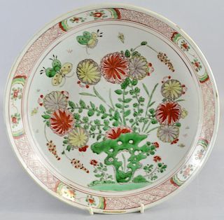 Chinese famille verte dish decorated with flowers, foliage and butterflies, blue mark to base, 28cm