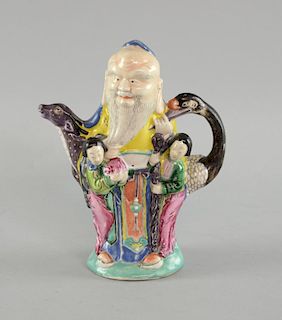 Chinese figural wine pot and cover, with deer's head spout and bird's neck handle, on shaped foot, d
