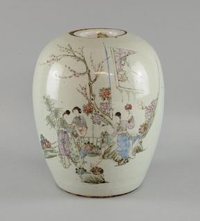 Chinese porcelain ovoid vase and cover decorated with figures in a garden and calligraphy, 28cm high