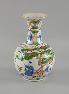 Modern Chinese porcelain bottle vase decorated in colours with figures in a landscape, six character