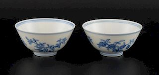 Pair of Chinese blue and white bowls decorated with pomegranates, Qian Long marks to bases, probably