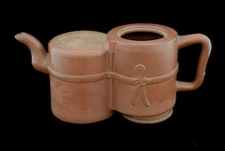 Chinese Yixing teapot in the form of two cylindrical baskets tied together, 8cm high,