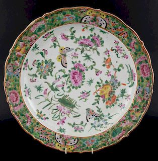 Chinese famille rose dish decorated with flowers, foliage and insects, 37cm diameter,