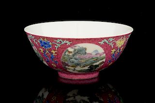 Chinese famille rose bowl, the dark pink ground with scrolling decoration and four circular panels e