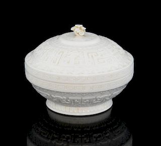 Chinese white glass bowl and cover with j'ui  fungus finial and moulded scrolling decoration, impres