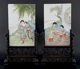 Pair of 19th century Chinese porcelain table screens, the first with two ladies taking tea on a balc