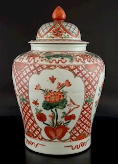 20th century Chinese baluster jar and cover decorated in iron red and green with panels of birds, fl