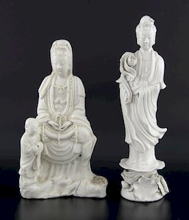 Blanc de chine figure of Guan Yin standing on a lily pad and holding a waterlily, 27cm high, and ano
