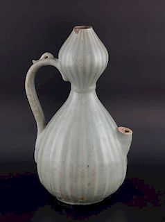 Chinese Longquan celadon double gourd shaped wine pourer, the reeded body with moulded foliage decor