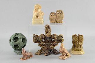 Chinese carved soapstone puzzleball on stand, dog of fo, pot pourri vase and cover with dog of fo fi