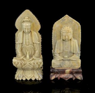 Two Chinese soapstone figures of Buddha seated, tallest 16cm high,