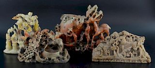 Four Chinese soapstone carvings, the first vase group with a deer and fauns, a small dish with deer