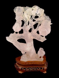 Chinese carved rose quartz figural group of four birds in a tree, on hardwood base, 24cm high,